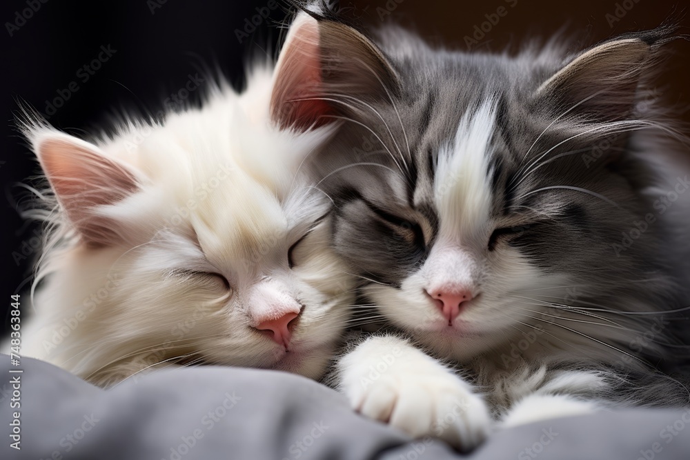 Two cute kittens sleeping on a soft gray blanket in a cozy home environment, one white kitten curled up with its head on the gray kittens back, both sleeping peacefully.