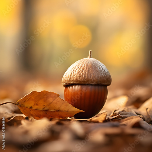 Detailed Macro Shot of a Solitary Acorn Resting on a Bed of Autumn Leaves