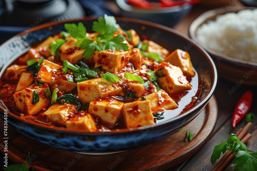 Spicy Ma Po Tofu on a wooden table Spicy Ma Po Tofu on a wooden table