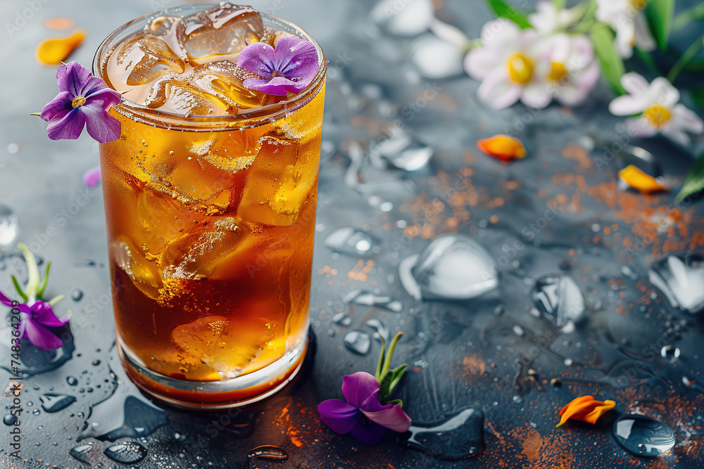 Glass of fresh passion fruit Lemonade in summer greenery and Flowers. Image for Cafe and Restaurant Menus Glass of fresh passion fruit Lemonade in summer greenery and Flowers. Image for Cafe and Restaurant Menus