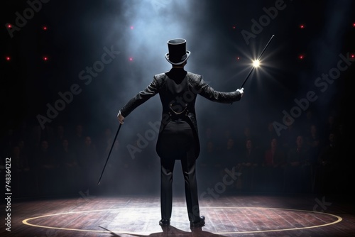 Male illusionist in suit and top hat performing magic on stage.