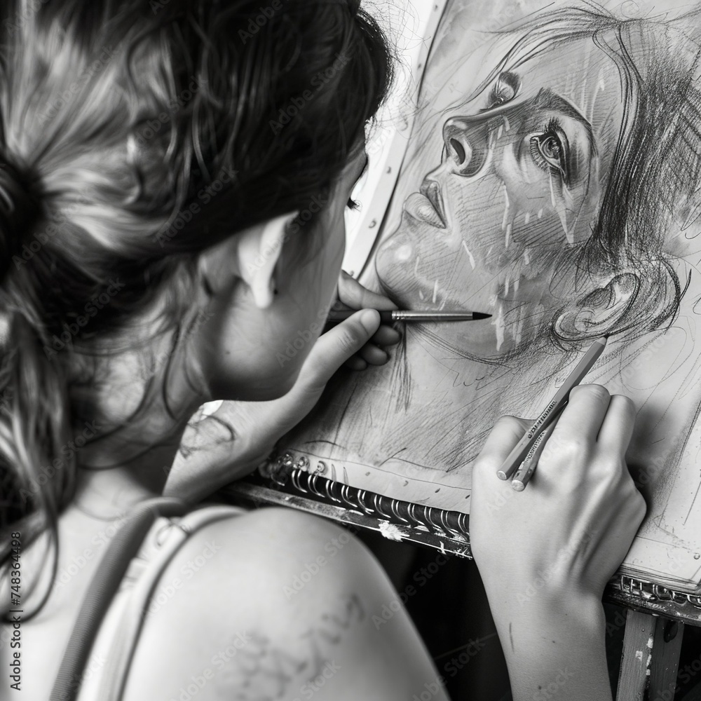 Obraz premium Woman, Painting, Artist, Canvas, Brushstrokes, Colors, Creative, Artistic, Expressive, Inspiration, Palette, Easel, Studio, Painter, Imaginative, Talented, Oil painting, Watercolor, Creation, Portrait