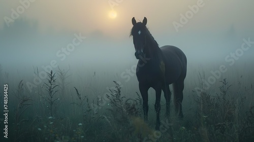 horse in fog, Horse, Equine, Mane, Tail, Gallop, Trot, Canter, Hooves, Bridle, Saddle, Rider, Equestrian, Stallion, Mare, Foal, Mustang, Paddock, Pasture, Grazing, Neigh, Whinny, Horseback riding © Borel