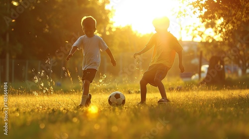 children are playing soccer in evening sun, Playing, Soccer, Team sport, Goal, Pitch, Ball, Match, Players, Passing, Shooting, Goalkeeper, Striker, Midfielder, Defender, Forward photo