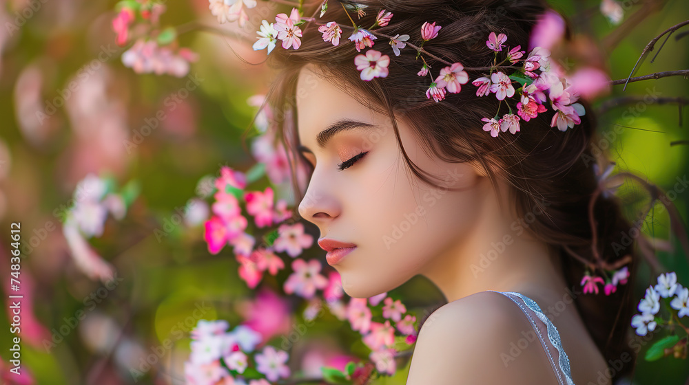 Side portrait of a Beautiful young Woman with flowers in her hair on a background