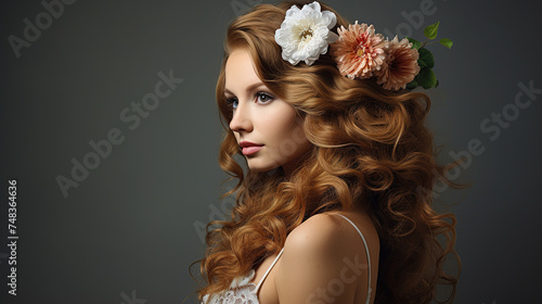 Side portrait of a Beautiful young Woman with flowers in her hair on a background