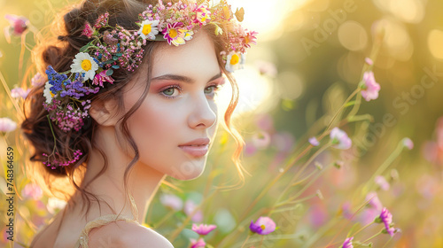 Side portrait of a Beautiful young Woman with flowers in her hair on a background