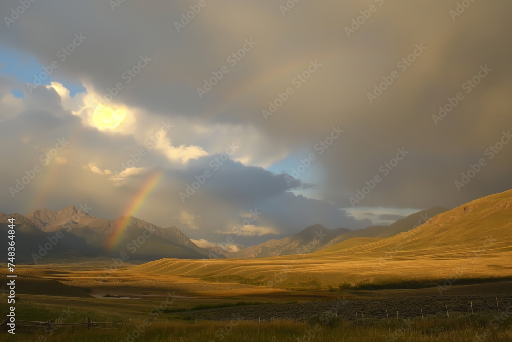 Obraz premium A majestic mountain landscape under a glowing sky, with a double rainbow adding magic to the golden hour's serene beauty.