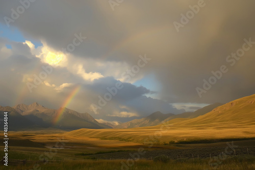 A majestic mountain landscape under a glowing sky, with a double rainbow adding magic to the golden hour's serene beauty.