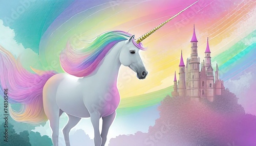 Licorne et décor arc-en-ciel, univers coloré aux couleurs de princesses, with a castle. 