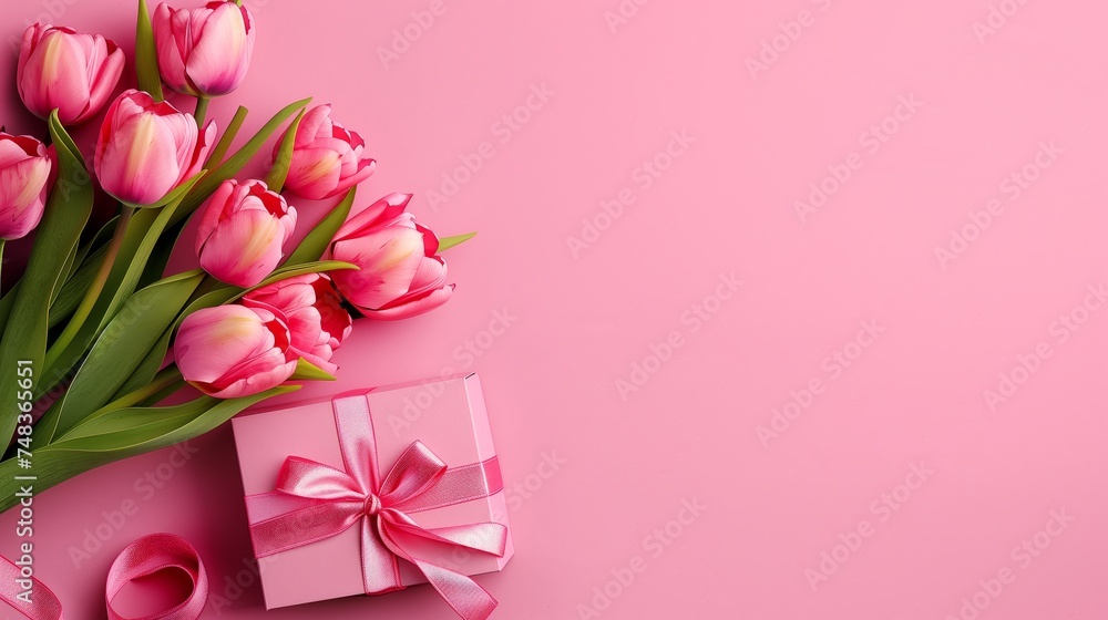 Elegant Pink Tulips Bouquet and Gift Box on Pink Background