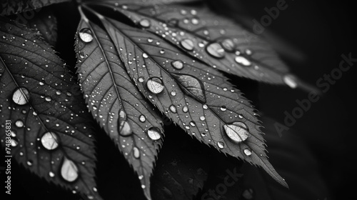 High-contrast black and white water droplets on a leaf. Black background.