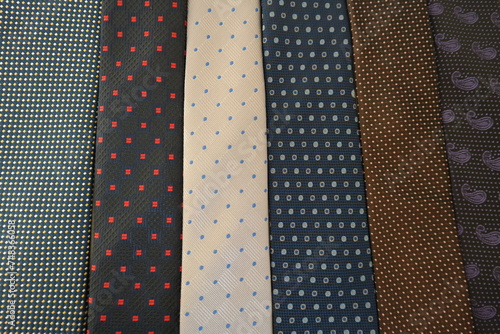 colored and patterned cravats. stylish and motif cravats. fashion textile products. Types of cravats for suits. tie. photo