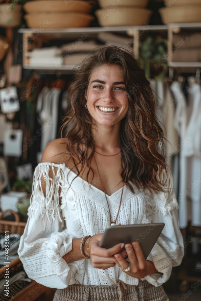 A young smiling female entrepreneur standing in her store with tablet in her hands