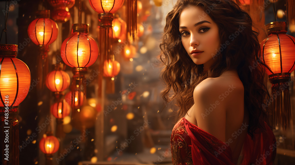 A beautiful young woman against the backdrop of charming lanterns in narrow alleys.