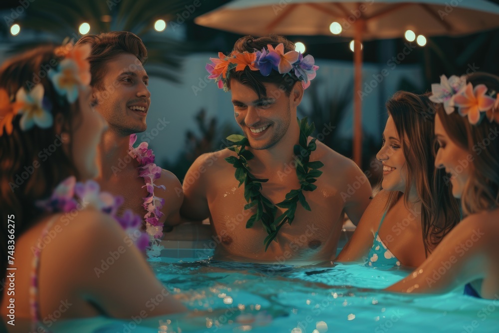 Friends enjoying Hawaiian pool party with summertime vibes. Friends enjoying Hawaiian pool party with summertime vibes.