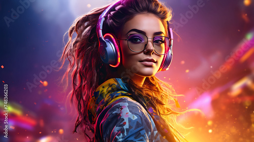 Young beautiful woman, displaying her gaming style in vibrant and stylish attire.