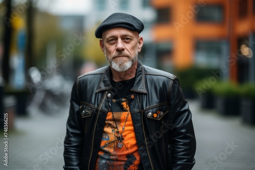 Portrait of an old man with a gray beard in a leather jacket and a cap on the street