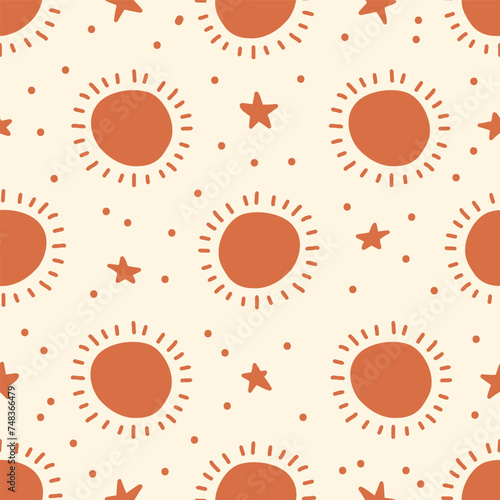 Cute baby boho seamless pattern with simple sun and star. Bohemian baby seamless pattern. Soft colors surface design for kids fabric and nursery decor. Gender neutral design. Vector Illustration
