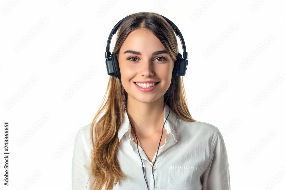 Smiling woman in headphones and white shirt. Smiling woman in headphones and white shirt.