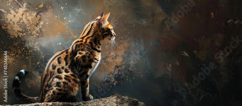 An elegant feline is depicted sitting on a rock  gazing gracefully into the distance.