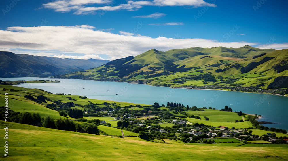 Postcard-Perfect View of Akaroa, New Zealand: A Serene Harmony of Sea, Mountains, and Quaint Village Life