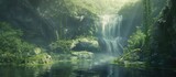 A vibrant painting showcasing a majestic waterfall surrounded by lush green trees in a forest. The cascading water creates a mesmerizing scene that captivates the viewer, immersing them in the