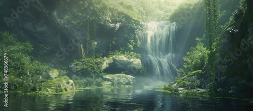 A vibrant painting showcasing a majestic waterfall surrounded by lush green trees in a forest. The cascading water creates a mesmerizing scene that captivates the viewer  immersing them in the