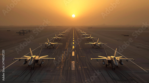 a serene yet powerful scene of fighter jets lined up on a runway