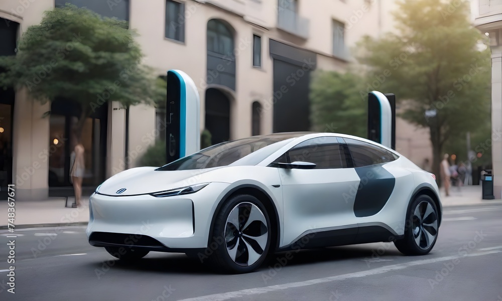 A compact electric vehicle is connected to a charging point on a city street, representing the convenience of urban electric mobility. AI generation