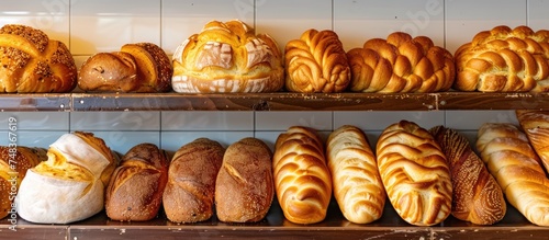 A collection of various types of fresh golden bread is neatly arranged and stacked on a shelf, showcasing a wide range of delicious bread options for customers to choose from.