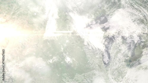 Earth zoom in from space and focus on Champlin, Minnesota, USA. 3D Animation. Satellite view. Background for travel intro. Images from NASA