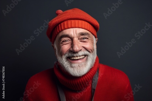 Portrait of a happy senior man in red sweater and hat. © Inigo
