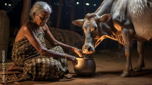 Traditional Cow Feeding Scene in Rural Setting.