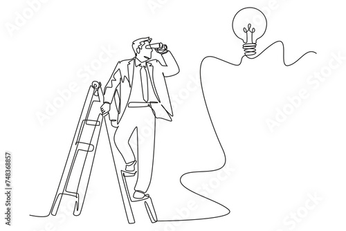 One continuous line drawing of illustration of business man climbing and looking through idea. Genius psychological logotype icon template concept. Modern single line draw graphic design vector illust