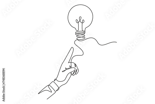 One continuous line drawing of illustration finger pointing to the light bulb. found a brilliant idea. Genius psychological logotype icon template concept. Modern single line draw graphic design vecto