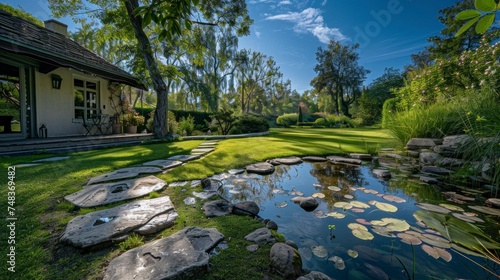 beautiful lake in a backyard of a house with stone footprints
