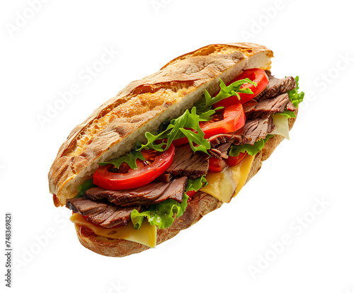 Sandwich with beef and cheese cutlet on white background.