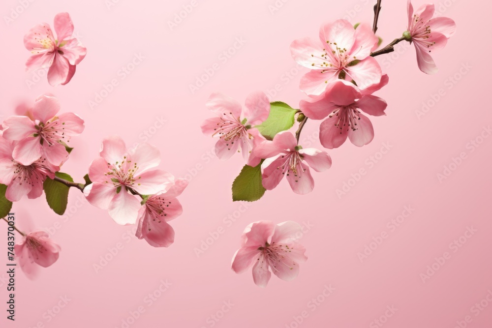Fresh quince blossoms in zero gravity isolated on pink background. Fresh quince blossoms in zero gravity isolated on pink background.