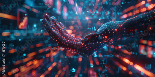 3D rendering of a human hand on blue and red bokeh background 
