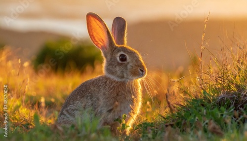 Conejo en un camp en una puesta de sol hermosa