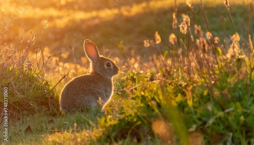 Conejo en un camp en una puesta de sol hermosa