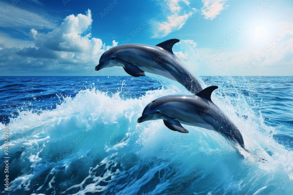 Fototapeta premium Dolphins leaping out of the ocean