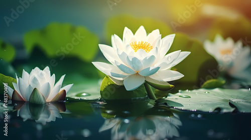 Beautiful water lilies floating in tranquil pond wallpaper background