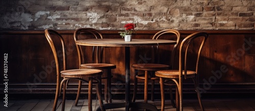 A wooden table and chairs are arranged neatly in a room with brick walls. The furniture provides a cozy spot for dining or relaxing in this industrial-style setting. © Vusal