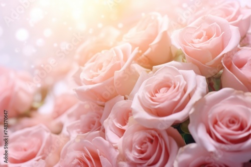 Delicate roses on festive floral background.