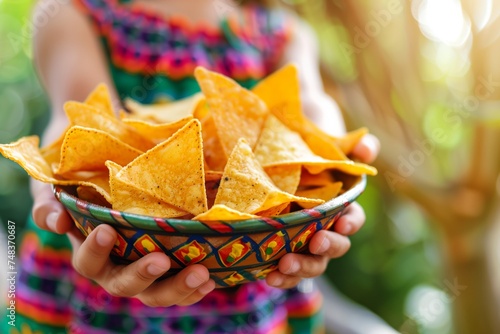 Mexican child hands holding a basket of mexican tortilla chips photo