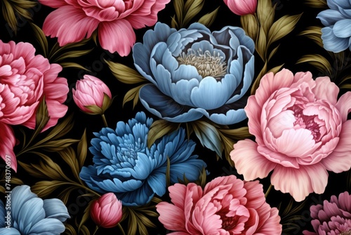 Fototapeta Naklejka Na Ścianę i Meble -  Vintage floral pattern with blue and pink peonies on black.