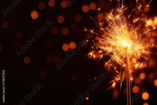 Closeup shot of beautiful sparkler burning and emitting bright sparks on black background