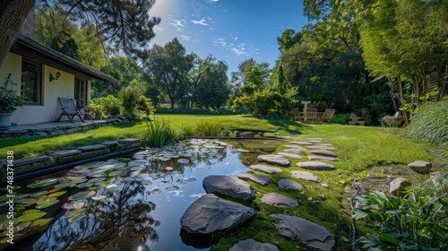 beautiful little lake in a backyard of a house with stone footprints and green meadow in a sunny sunrise